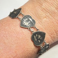 Vintage Damascene Bracelet with 24k Gold & Silver Shakudo Inlay Heart Panels