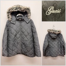 GUESS Women's Navy Down Feather Quilted Faux Fur Trim Parka 2XL
