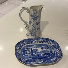 Blue & White Italian Spode Design 32 cm Serving Plate & An Unmarked B&W Pitcher