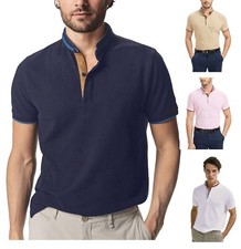Men's Grandad Shirts Polo Shirt Short Sleeve Mandarin Regular Fit Pique 
