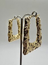 9CT YELLOW GOLD HALLMARKED VICTORIAN LARGE CHUNKY SQUARE CREOLE HOOP EARRINGS