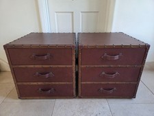 Two Leather & Wood Studded Steamer Side Bedside Table Cabinet Chest of 3 Drawers