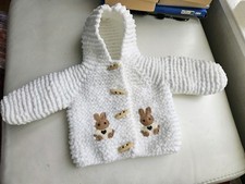 Hand Knitted Newborn Chenille white Hooded Baby Coat/jacket with rabbits New