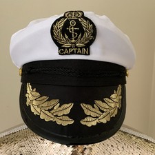 BLACK AND WHITE WITH GOLD BUTTONS BRAIDED AND BADGE CAPTAINS HAT FANCY DRESS