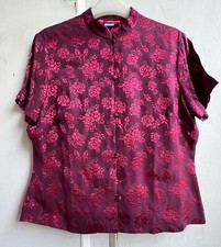 MONSOON Blouse 14 Dark Red Floral Oriental Silk Mix Kimono Short Sleeve