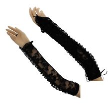 Zac's Alter Ego Black Victorian Patterned Long Lace Gloves with Ribbon