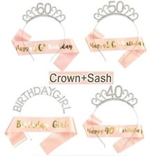 Happy Birthday Sash Tiara Set 16/18/21st/30/50/60th Crown Rose Gold Party NEW UK
