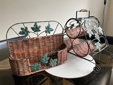 2 Vintage 3 Bottle Wine Rack and Stand  1980's  Rustic Metal & Woven Wicker