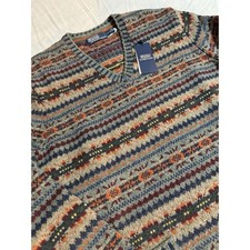 Polo Ralph Lauren Long Sleeve V-Neck Wool Green Fair Isle Chunky Jumper S