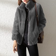 Womens Fleece Fluffy Stand-up Collar Coat Ladies Plain Zip Up Pocket Jacket Tops