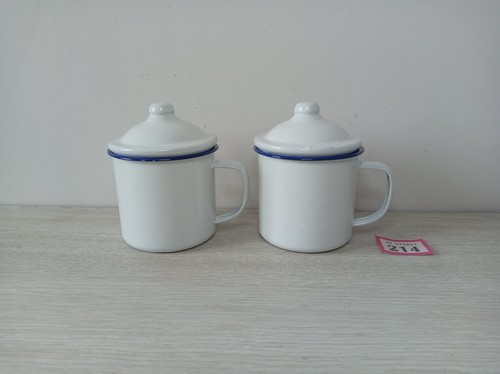 Enamel mugs and lids white - 2x, lids,