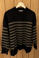 ZARA Navy Blue Green Striped Boxy oversized Knitted Jumper Size M Uk 10-12