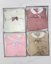 NEWBORN BABY GIRL SPANISH KNITTED OUTFIT GIRLS PINK WHITE BOXED PRAM GIFT SET