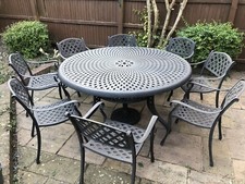Large Garden Round Cast Aluminium Table, 8 Chairs & Parasol Base - VGC
