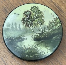 Vintage Russian USSR lacquered hand painted small box landscape w trees signed
