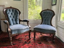 Pair of 1840s Victorian Button Back Spoon Regency Salon Chairs Mahogany Antique