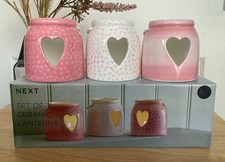 BRAND NEW Next Set of 3 Pink Ceramic Heart Cut-Out Tea Light Candle Lanterns