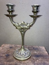 Antique Brass Edwardian Art Nouveau Candlelabra With Central Leaf Decoration.