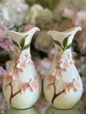 Graff Germany Porcelain 3D Bud Vases x TWO with Sculpted Pink Blossom 16cm Tall