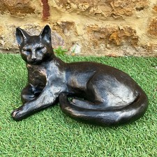 Bronze Laying Cat Garden Ornament Resin Black Pet Outdoor Lawn Statue Sculpture