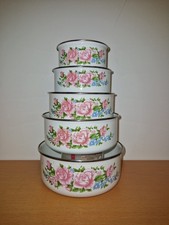 vintage enamel ware nesting bowls set of 5 white pink roses design