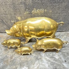 Vintage Solid Brass Piggy Box Money Bank 14.5 inch long stopper & 3 Piglets Pigs
