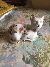 Aynsley “Cottage Garden” Vintage Bone China Cat Shaped Lidded Trinket Box