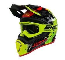 Adults Motocross Helmet Just1 J38 Neon Yellow Red Black MX Helmet - Free Goggles