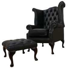Queen Anne Italian Leather Chesterfield Buttoned High Back Chair Black