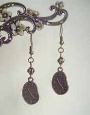 Vintage Bronze Steampunk Salvador Dali Melting Clock Drop Earrings - Art Memory