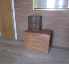 Vintage office desk top paper covered wooden 6 drawer filing box cabinet