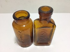 Nice Pair Of GOLDEN AMBER Embossed Chemist SAMPLE Pill Medicine Bottles Jars