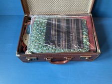 cardboard suitcase sewing box & contents inc fabrics from Japan & India, ticking