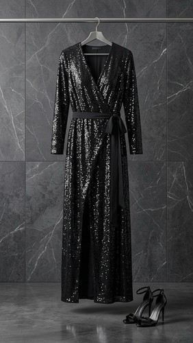 Black sequins wrap long - black, dress