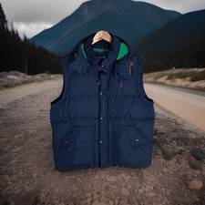 Ralph Lauren Men's Gilet Body Warmer XL with Detachable Hood Blue Full Zip Logo