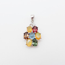 Multicoloured Gemstone Flower Pendant Sterling Silver Signed 925 TGGC