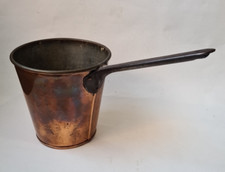 Antique unusual small but deep copper saucepan pan - folded seam & iron handle