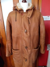 Mens Tan Leather and Shearling Duffle Coat Size x Large 42/44 Vgc.
