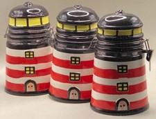SET OF THREE THE CANDY CO. CERAMIC LIGHTHOUSE  COOKIE / STORAGE JARS