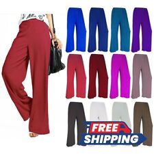 Womens Plain Wide Leg Palazzo Trousers Ladies Baggy Soft Flared Pants UK 8-26