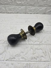 Original Pair Of Edwardian Door Knobs Ebonised Wood Black Brass Balloon Shape #1