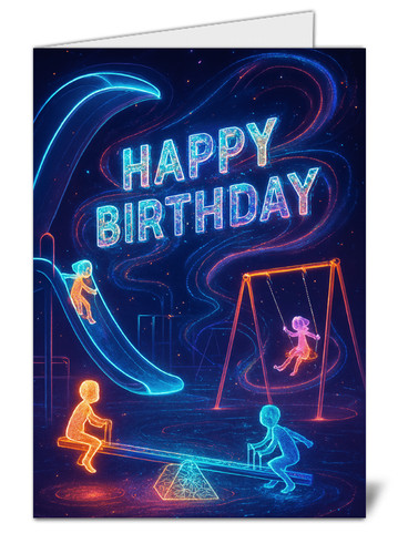 Neon playground birthday card - neon,
