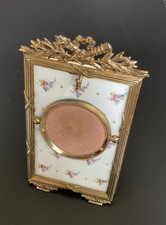 Antique French Enameled Porcelain and Brass Easel Back Pocket Watch Holder