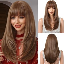Brown Heat Resistant Hair Women Cosplay Party Wig With Bangs Long Straight