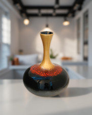 Retro Ombre Ceramic Vase 33.5cm – Multi-Coloured Lava Glaze with Long Gold Neck