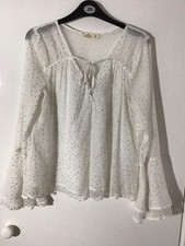 Hollister Women's Long Sleeve White And Gold Spotted Top Size Medium