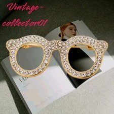 Pair Gold Tone Rhinestones Glasses Spectacles BROOCH Novelty Kitsch BN
