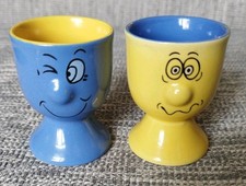 Pair Of Blue And Yellow Trade Winds Type Funny Face Egg Cups