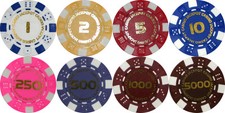 50 x NUMBERED DICE POKER CHIPS 1 Yellow 2 Red 5 Pink 250 Purple 500 1000 5000