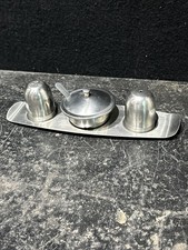 Vintage Salt Pepper Red Pepper Condiment Set Tray 18-8 Stainless Steel Ref C17